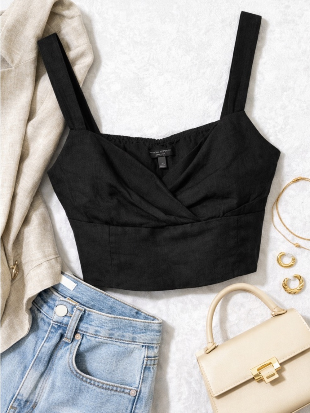 Banana Republic Black Linen Bustier Crop Top Sweetheart Neck Structured Size 14